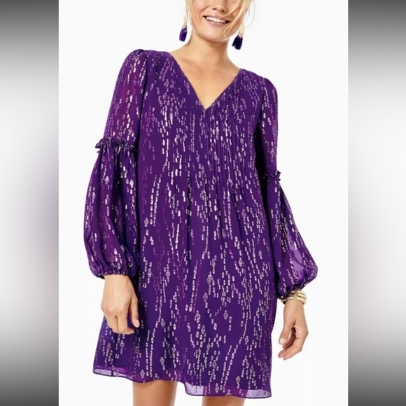 Lilly Pulitzer Cleme Silk Dress Purple Berry Fish Clip Chiffon Size 14 - Picture 2 of 11